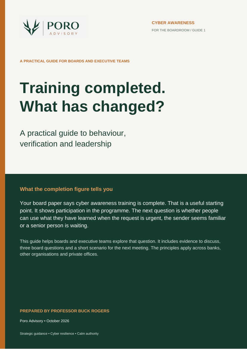 Front cover of the Poro Advisory guide: Training completed. What has changed?
