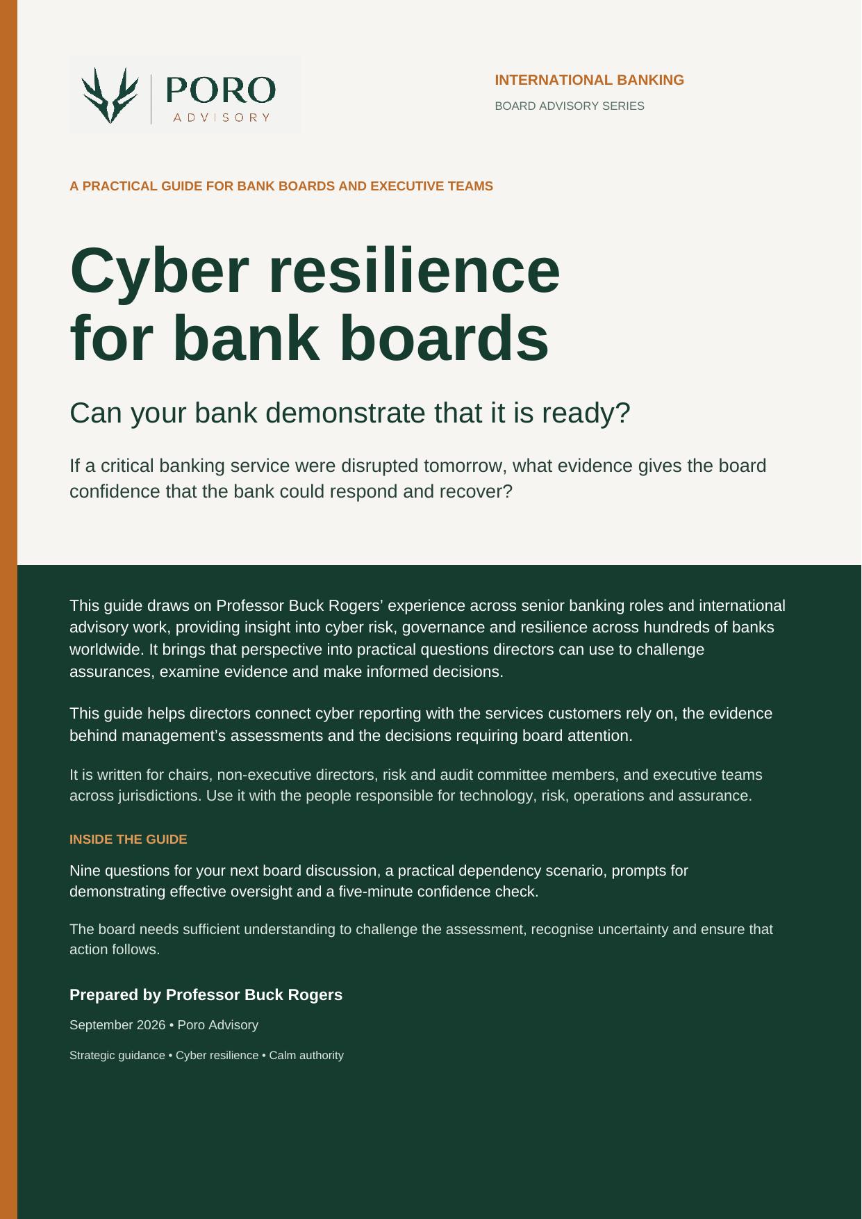 Front cover of the Poro Advisory guide: Cyber Resilience for Bank Boards